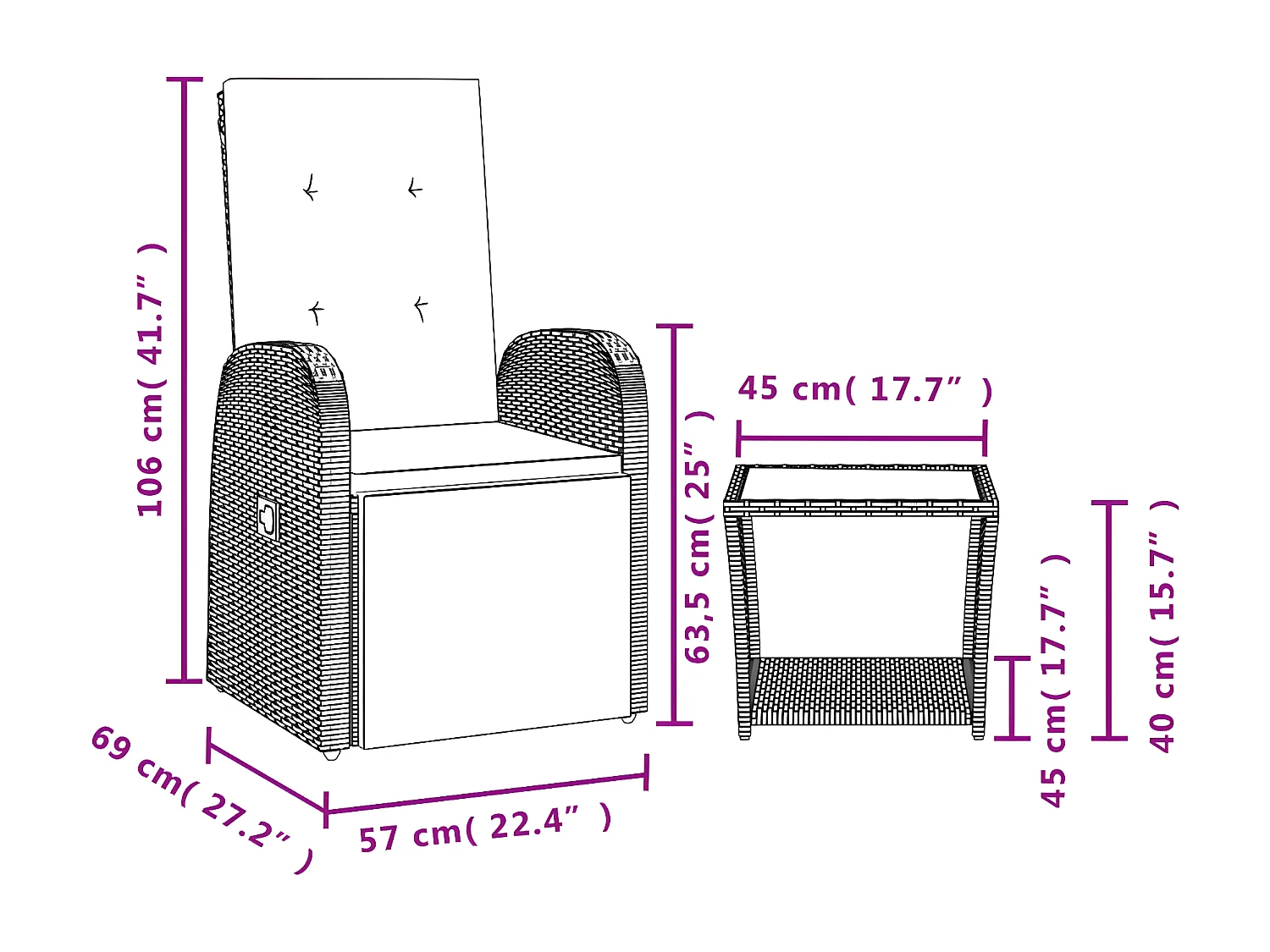 Ensemble à manger de jardin et coussins 2 pcs gris rotin