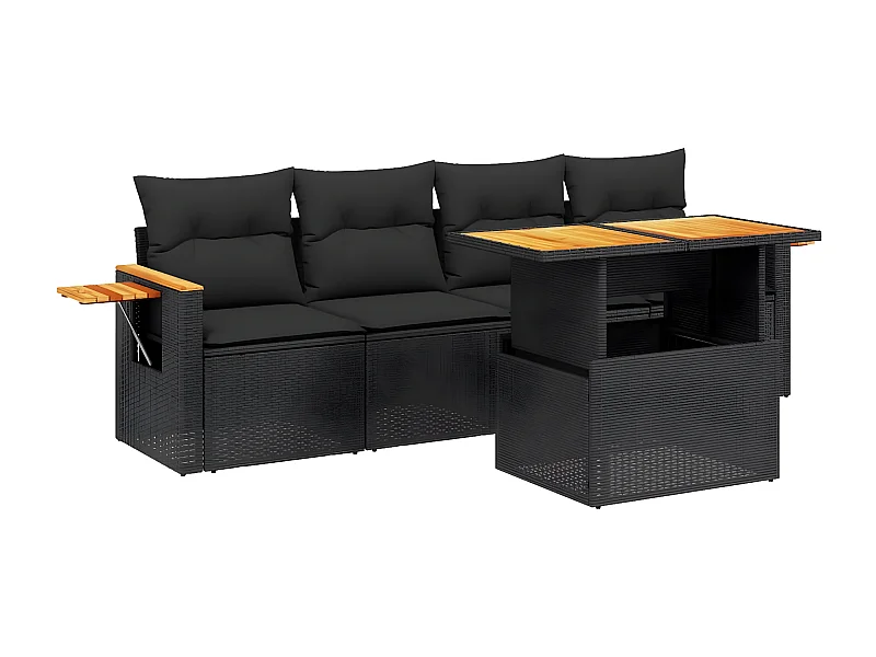 Salon de jardin 5 pcs avec coussins noir résine tressée