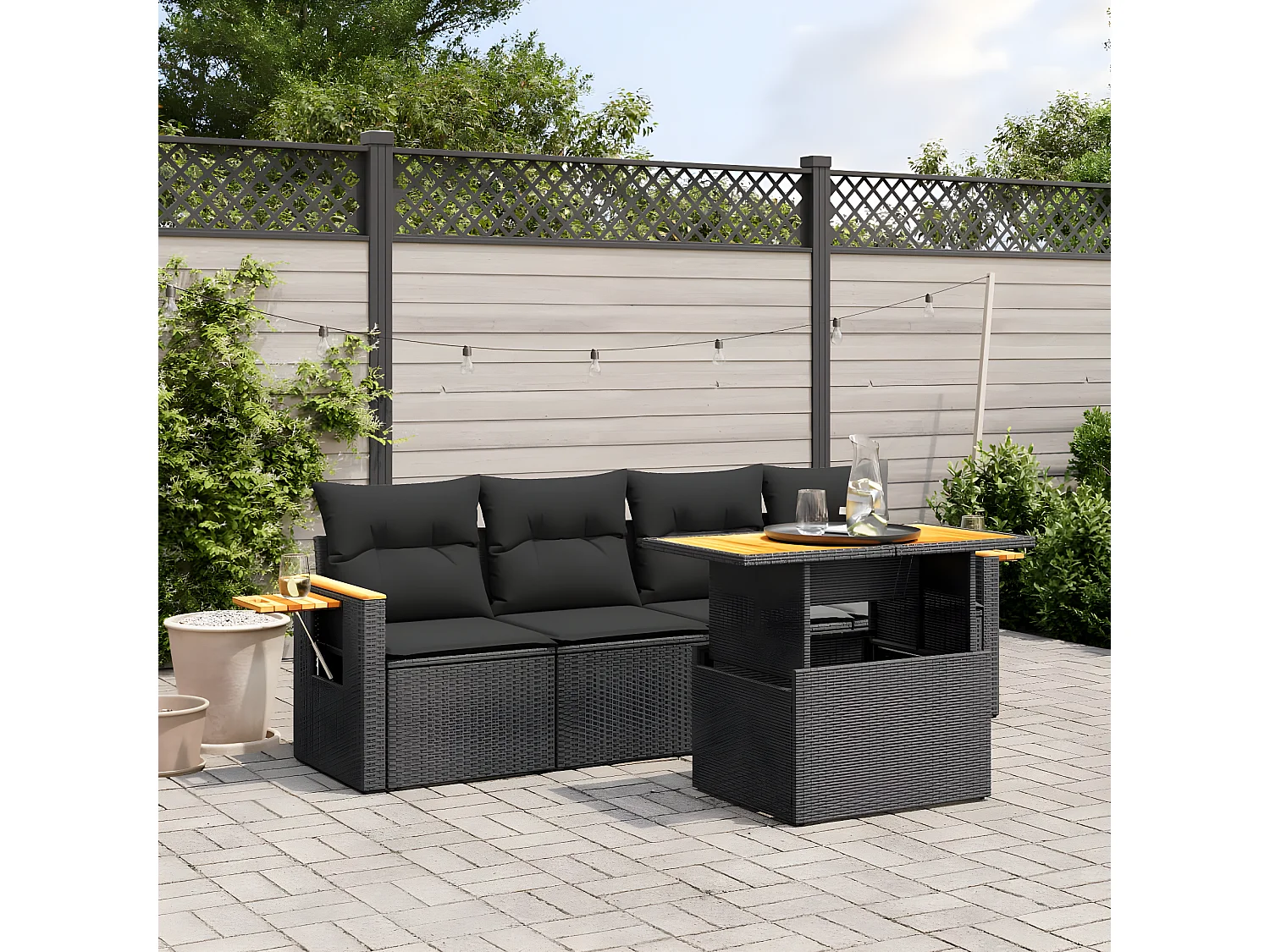 Salon de jardin 5 pcs avec coussins noir résine tressée