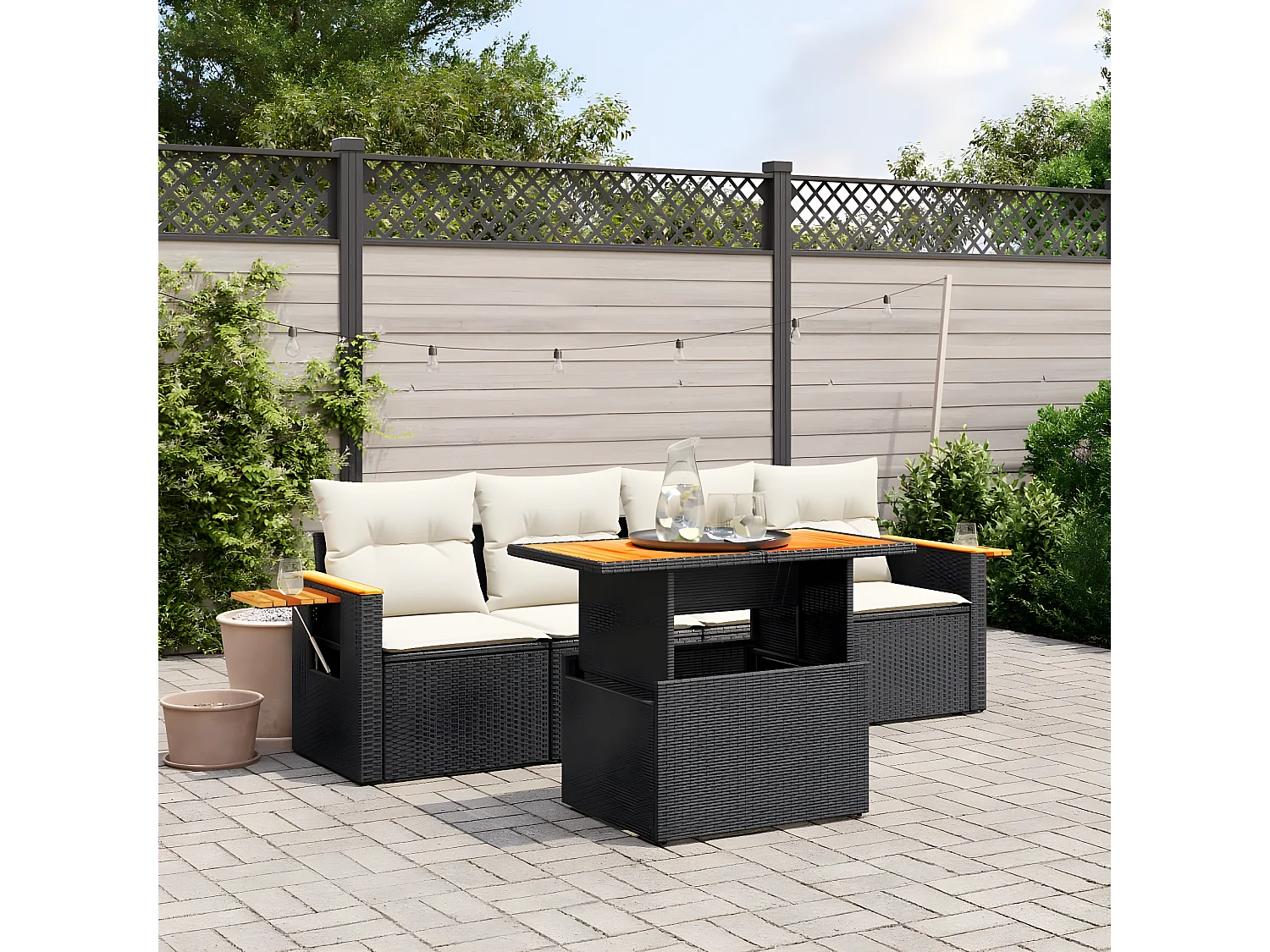 Salon de jardin 5 pcs avec coussins noir résine tressée