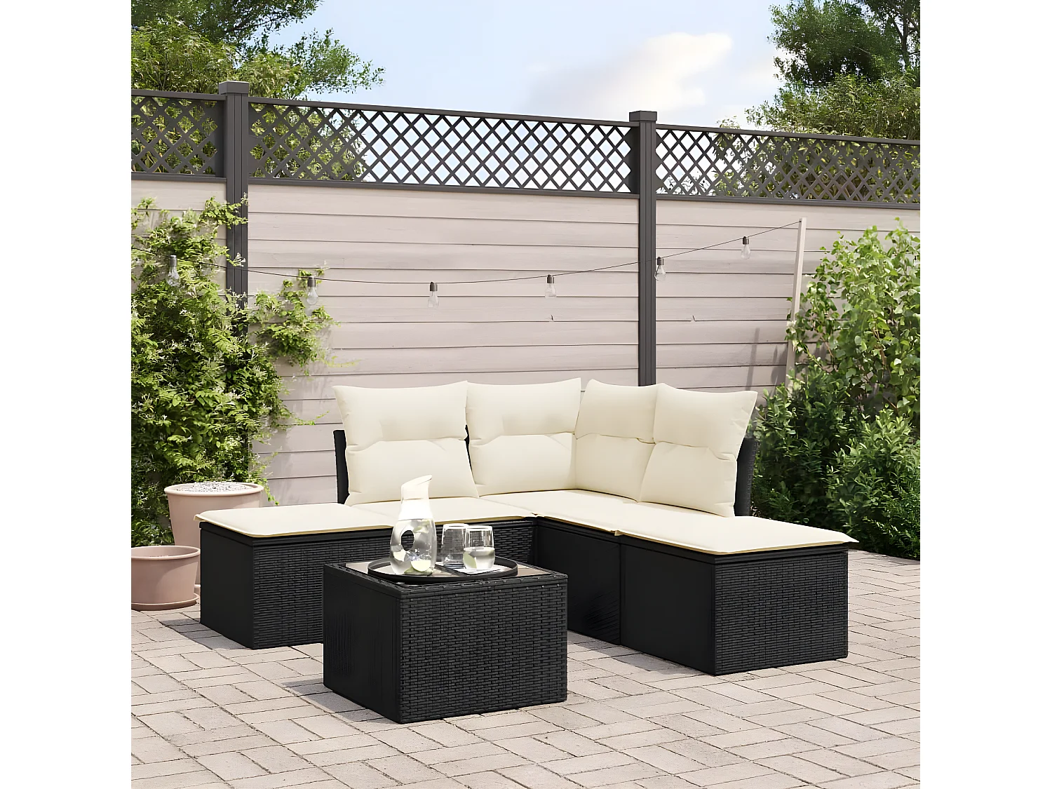 Salon de jardin 6 pcs avec coussins noir résine tressée