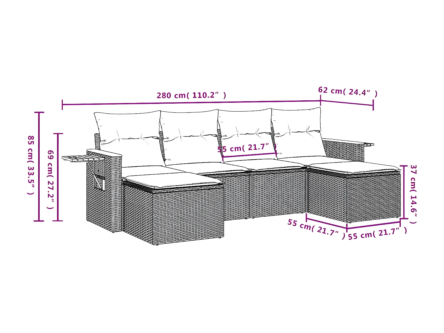 Salon de jardin 6 pcs avec coussins gris résine tressée