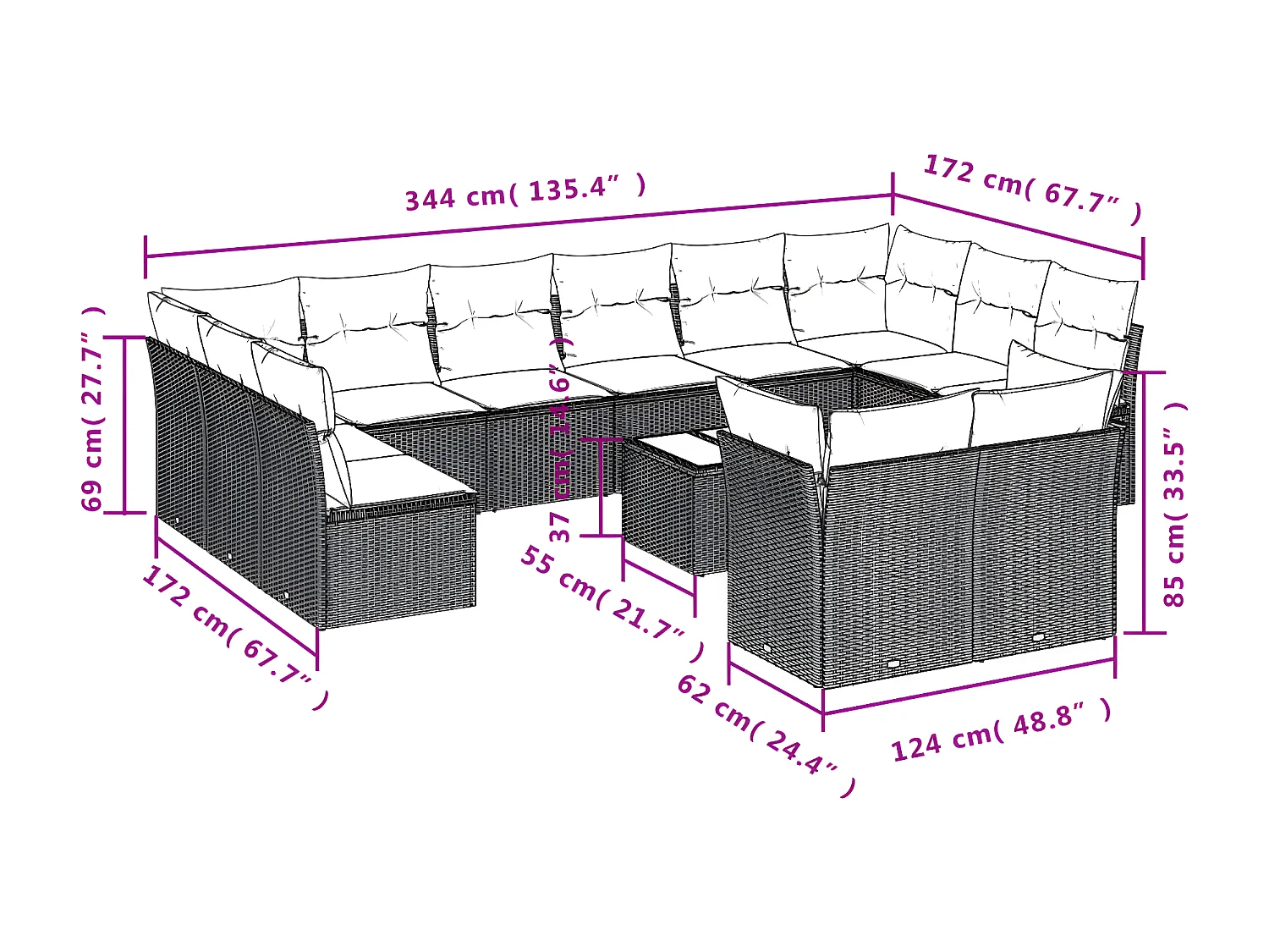 Salon de jardin avec coussins 13 pcs noir résine tressée
