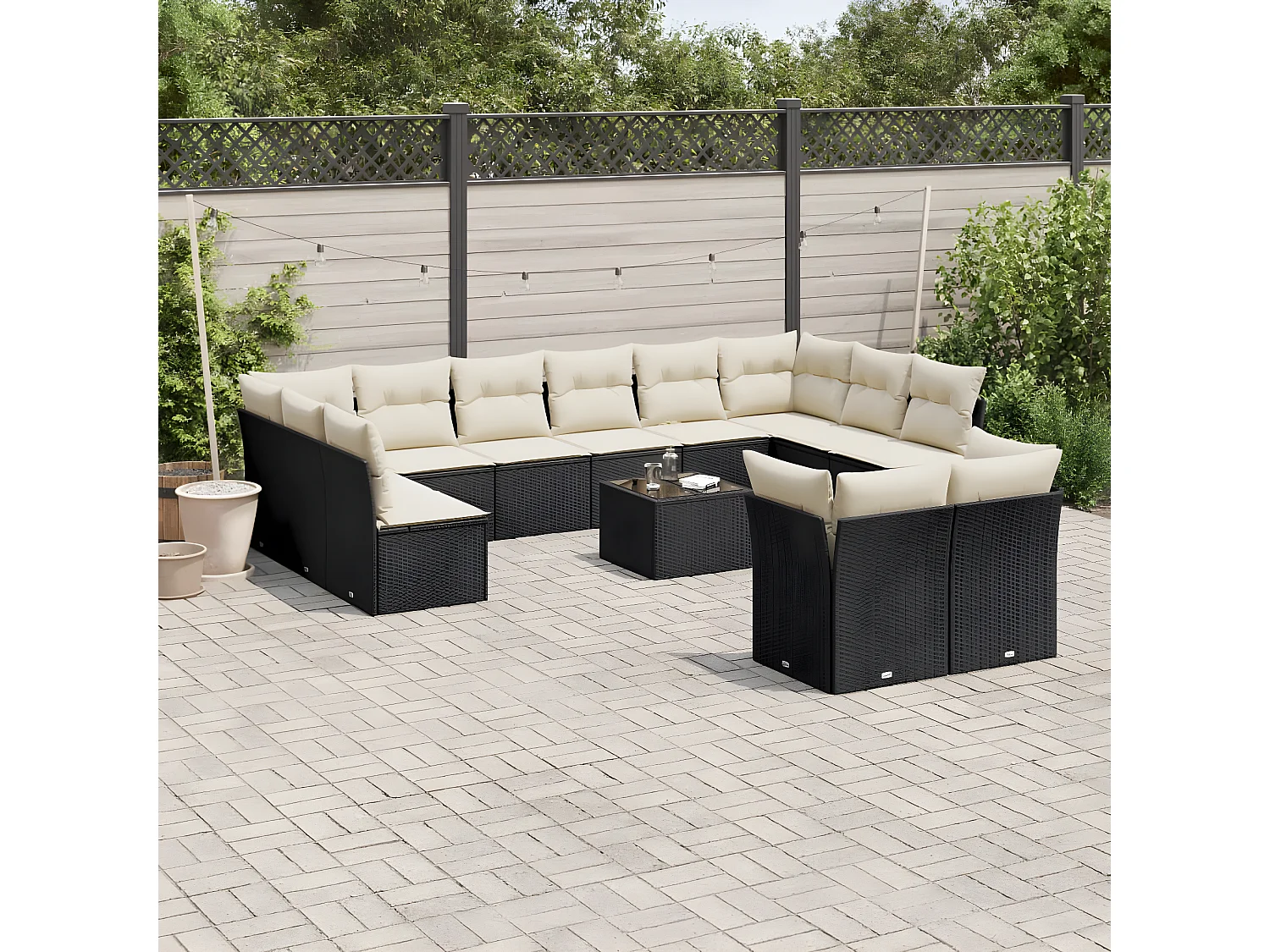 Salon de jardin avec coussins 13 pcs noir résine tressée