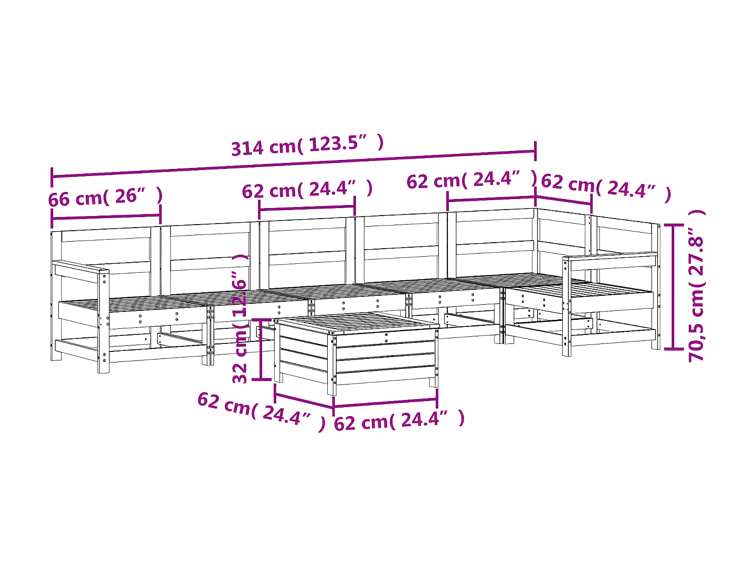 Salon de jardin 7 pcs blanc bois de pin massif