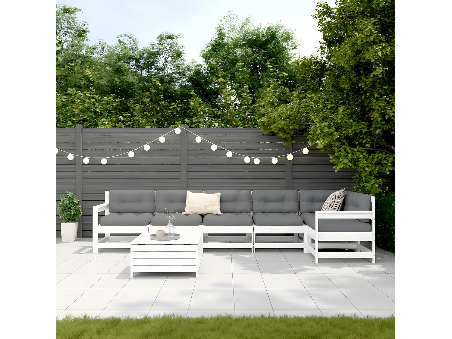Salon de jardin 7 pcs blanc bois de pin massif