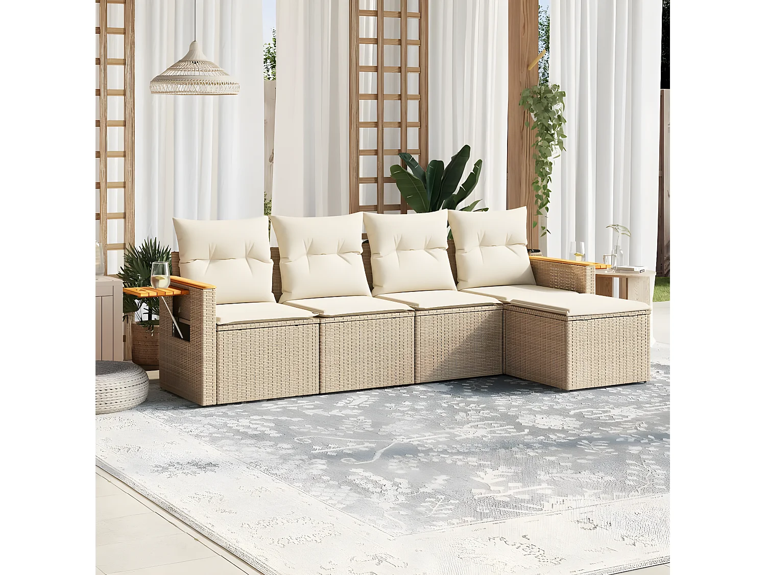 Salon de jardin avec coussins 5 pcs beige résine tressée
