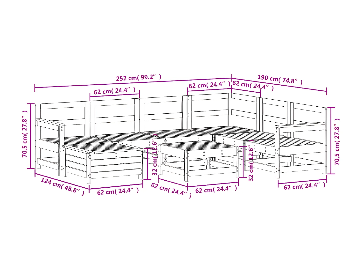 Salon de jardin 8 pcs blanc bois de pin massif