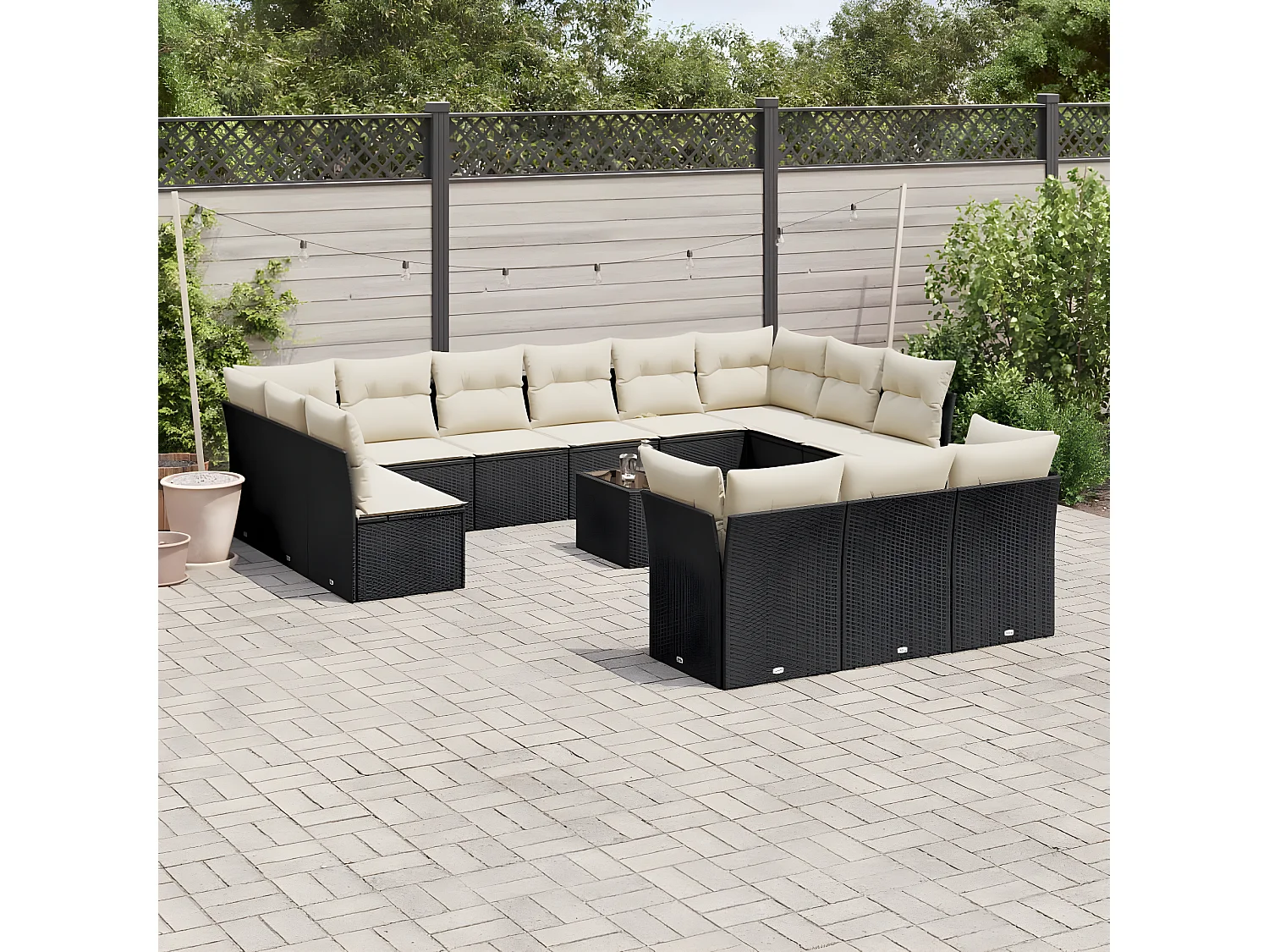 Salon de jardin avec coussins 14 pcs noir résine tressée