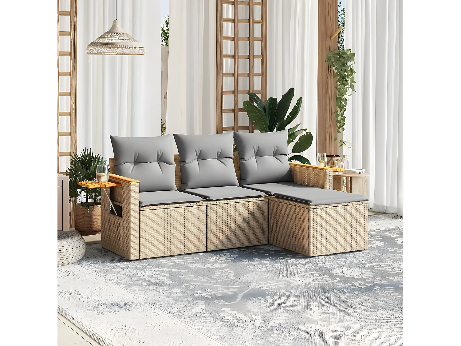Salon de jardin avec coussins 4 pcs beige résine tressée
