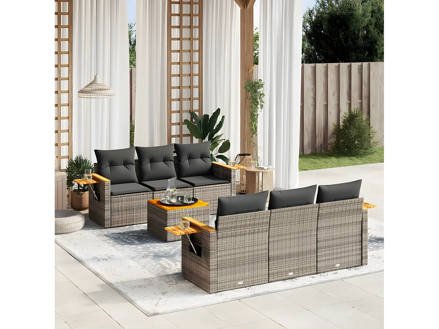 Salon de jardin avec coussins 7 pcs gris résine tressée