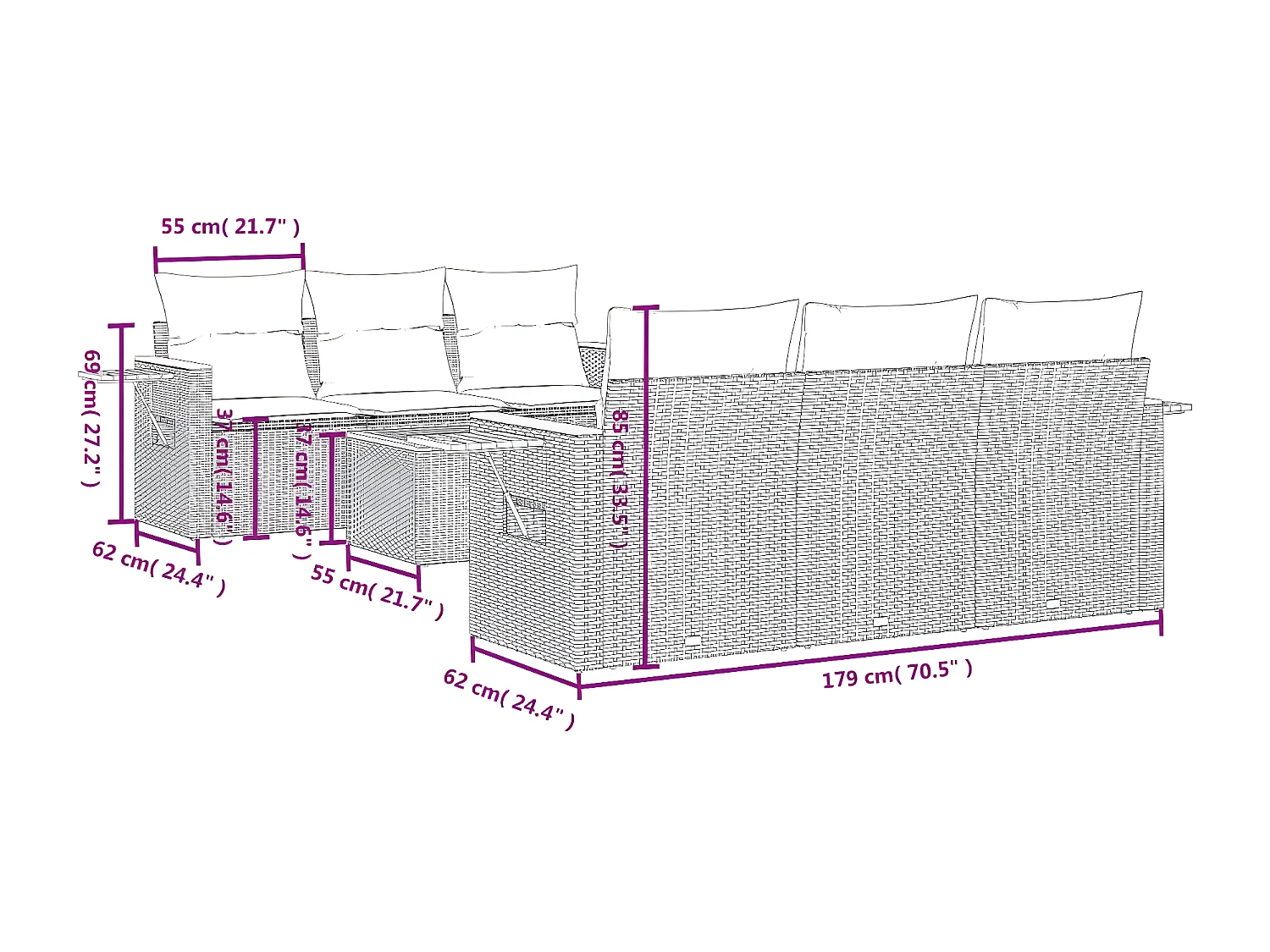 Salon de jardin avec coussins 7 pcs gris résine tressée