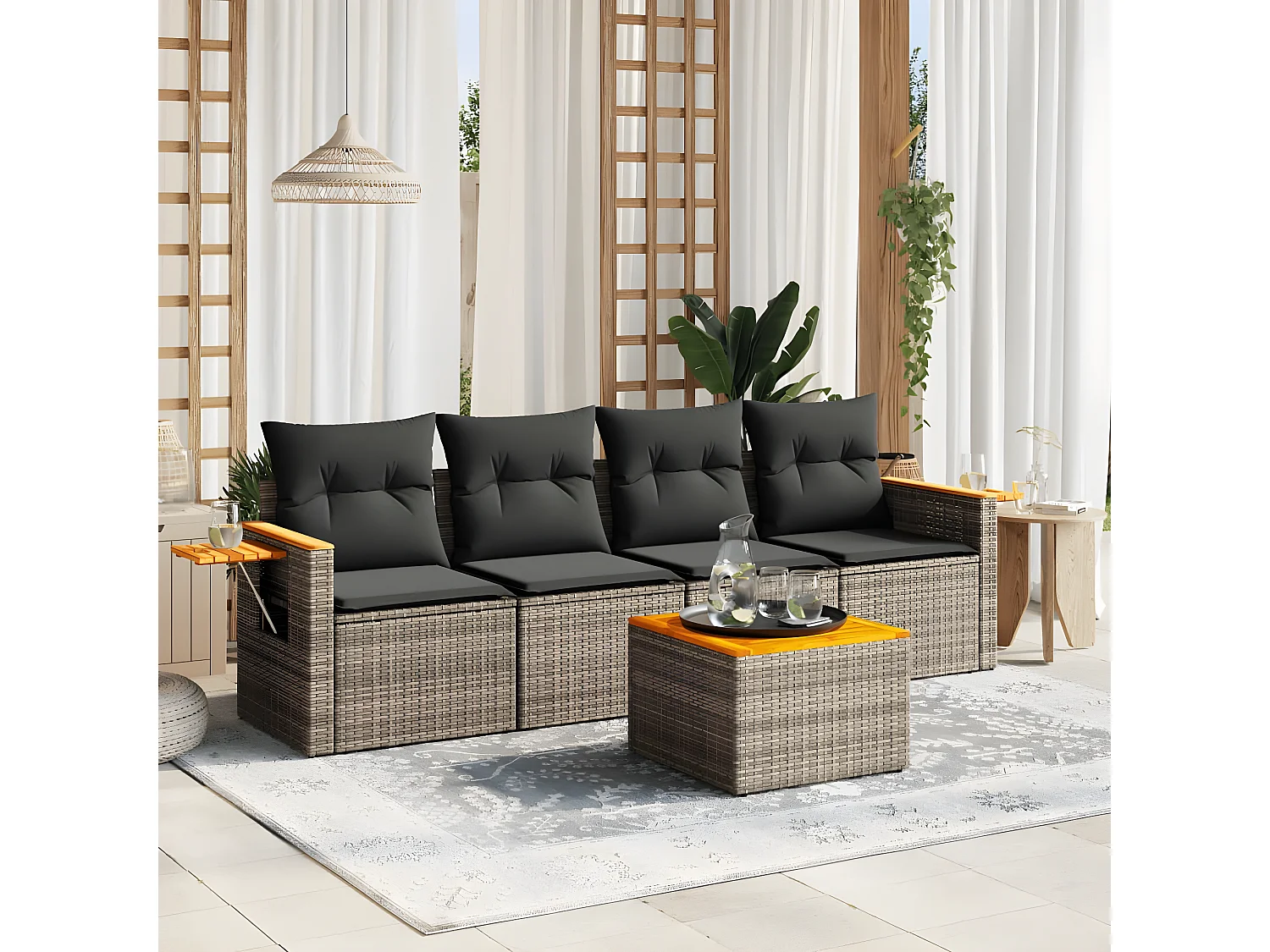 Salon de jardin 5 pcs avec coussins gris résine tressée