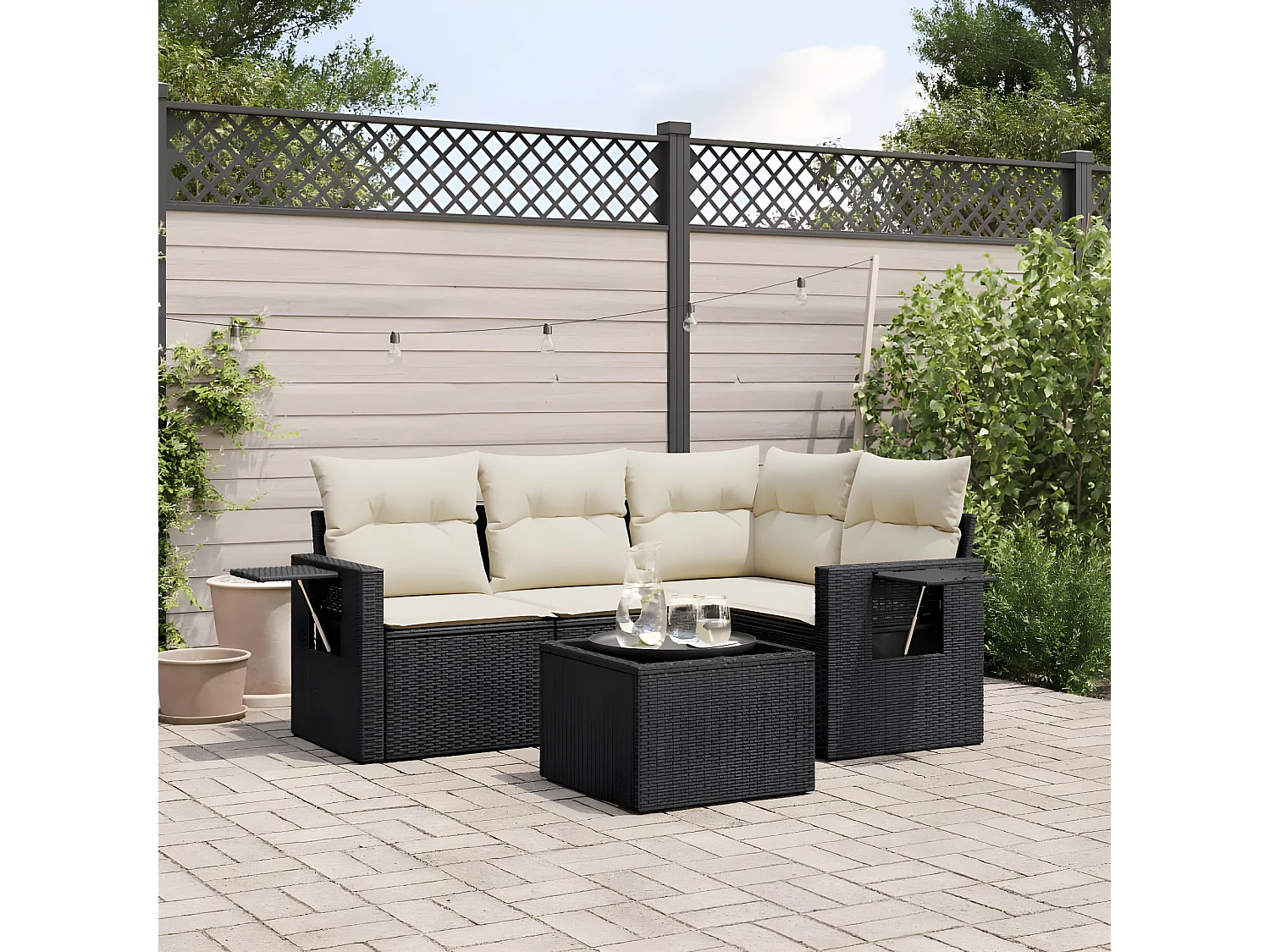 Salon de jardin 5 pcs avec coussins noir résine tressée