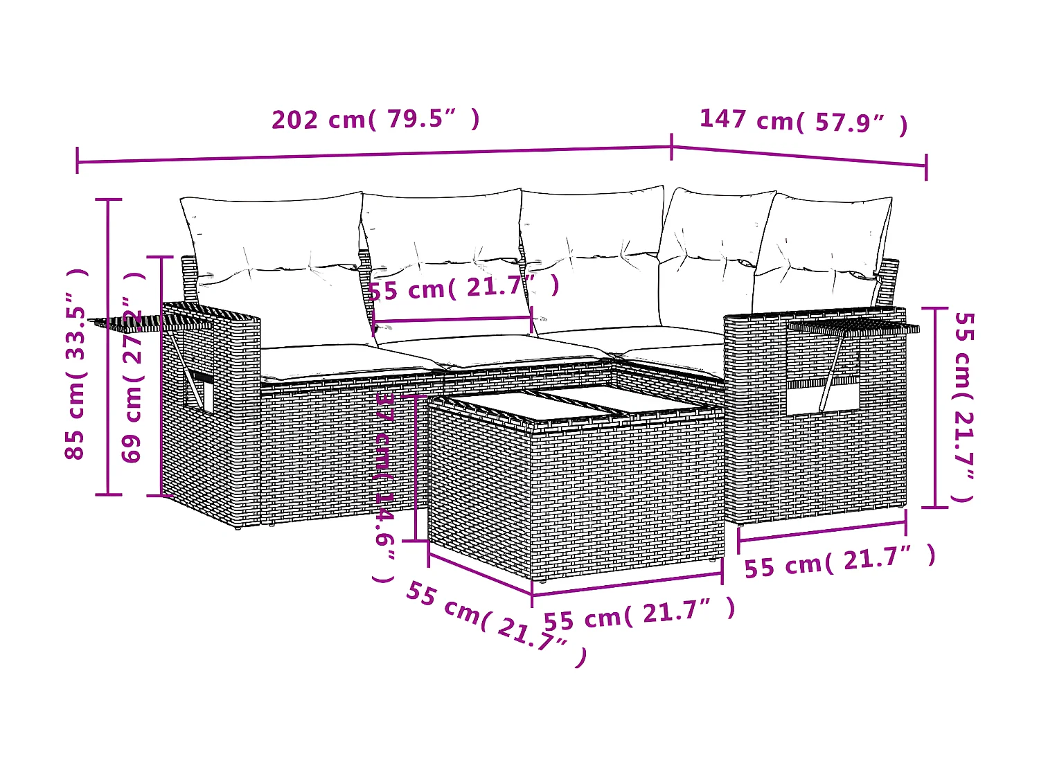 Salon de jardin 5 pcs avec coussins noir résine tressée