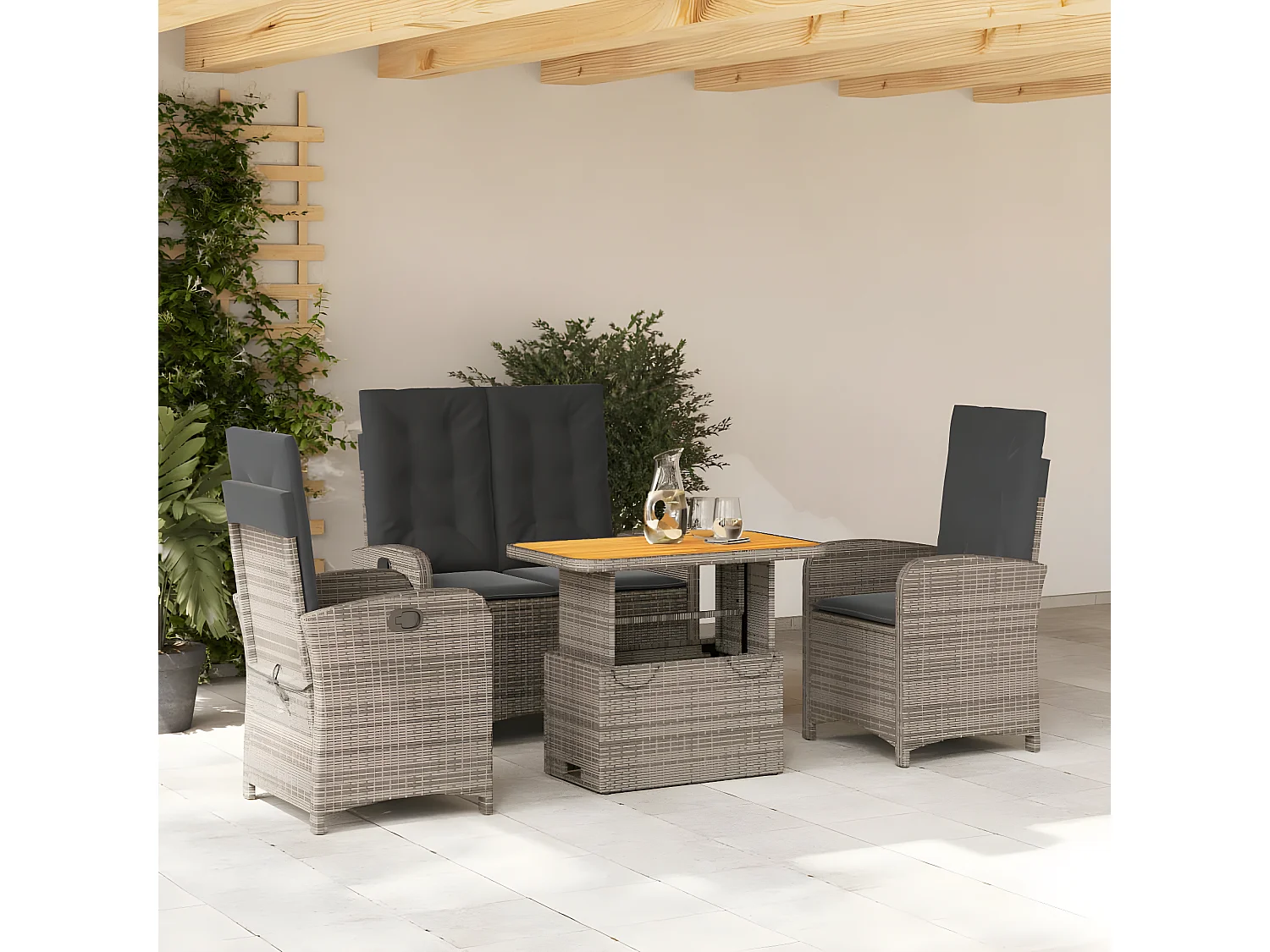 Ensemble à manger jardin 4pcs et coussins Gris Résine tressée