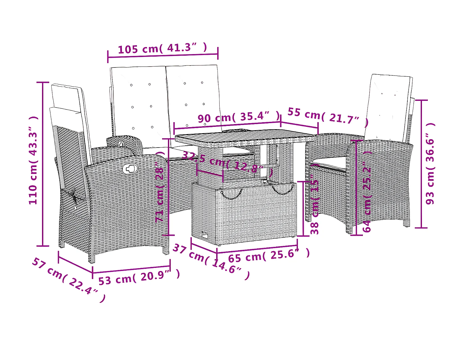 Ensemble à manger jardin 4pcs et coussins Gris Résine tressée