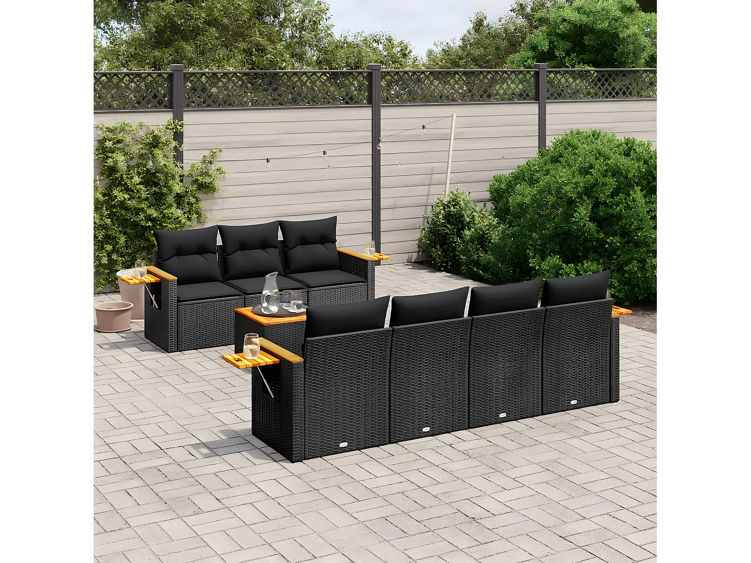 Salon de jardin 8 pcs avec coussins noir résine tressée