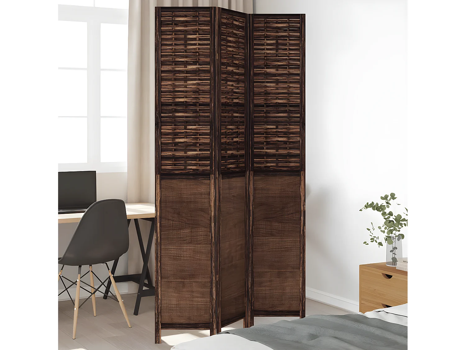 Cloison de séparation 3 panneaux marron foncé paulownia massif