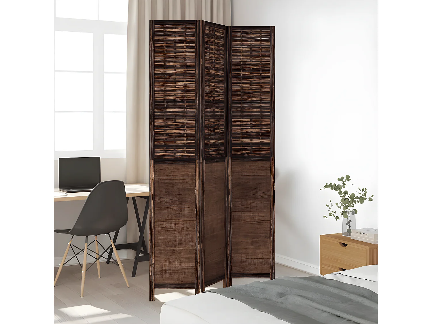 Cloison de séparation 3 panneaux marron foncé paulownia massif