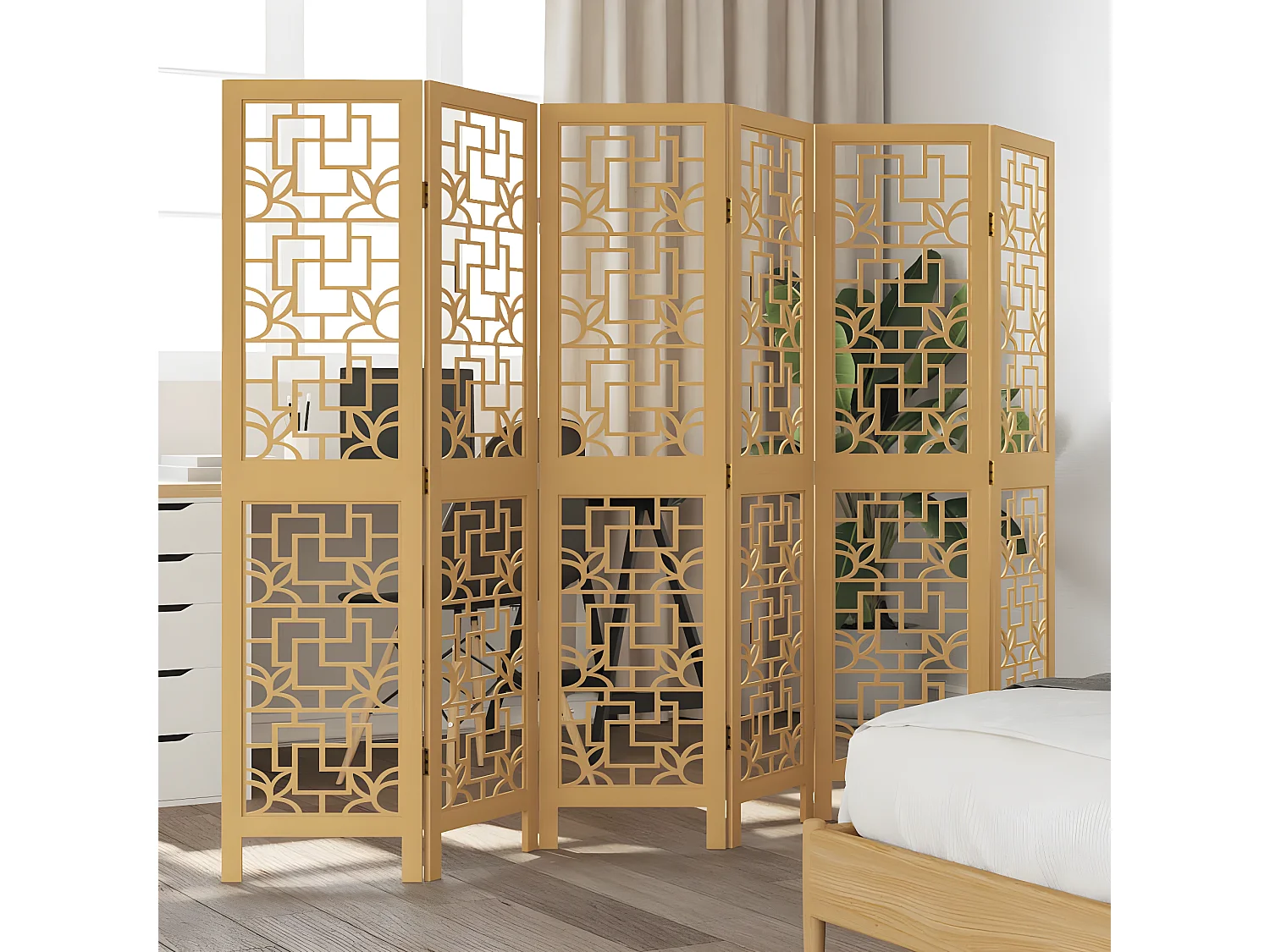 Cloison de séparation 6 panneaux marron bois paulownia massif