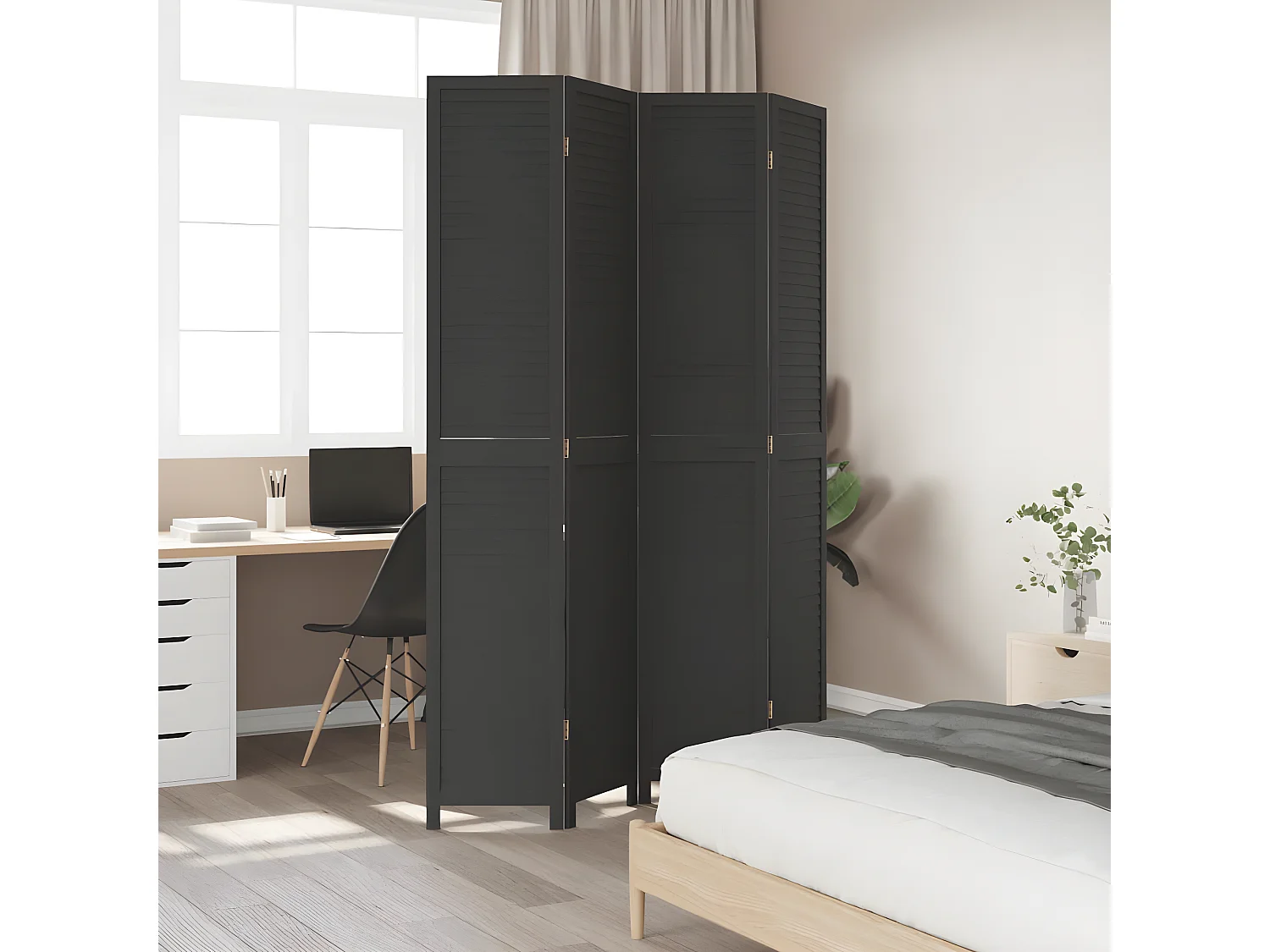 Cloison de séparation 4 panneaux noir bois de paulownia massif