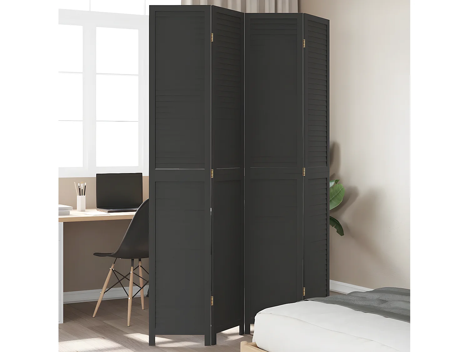 Cloison de séparation 4 panneaux noir bois de paulownia massif