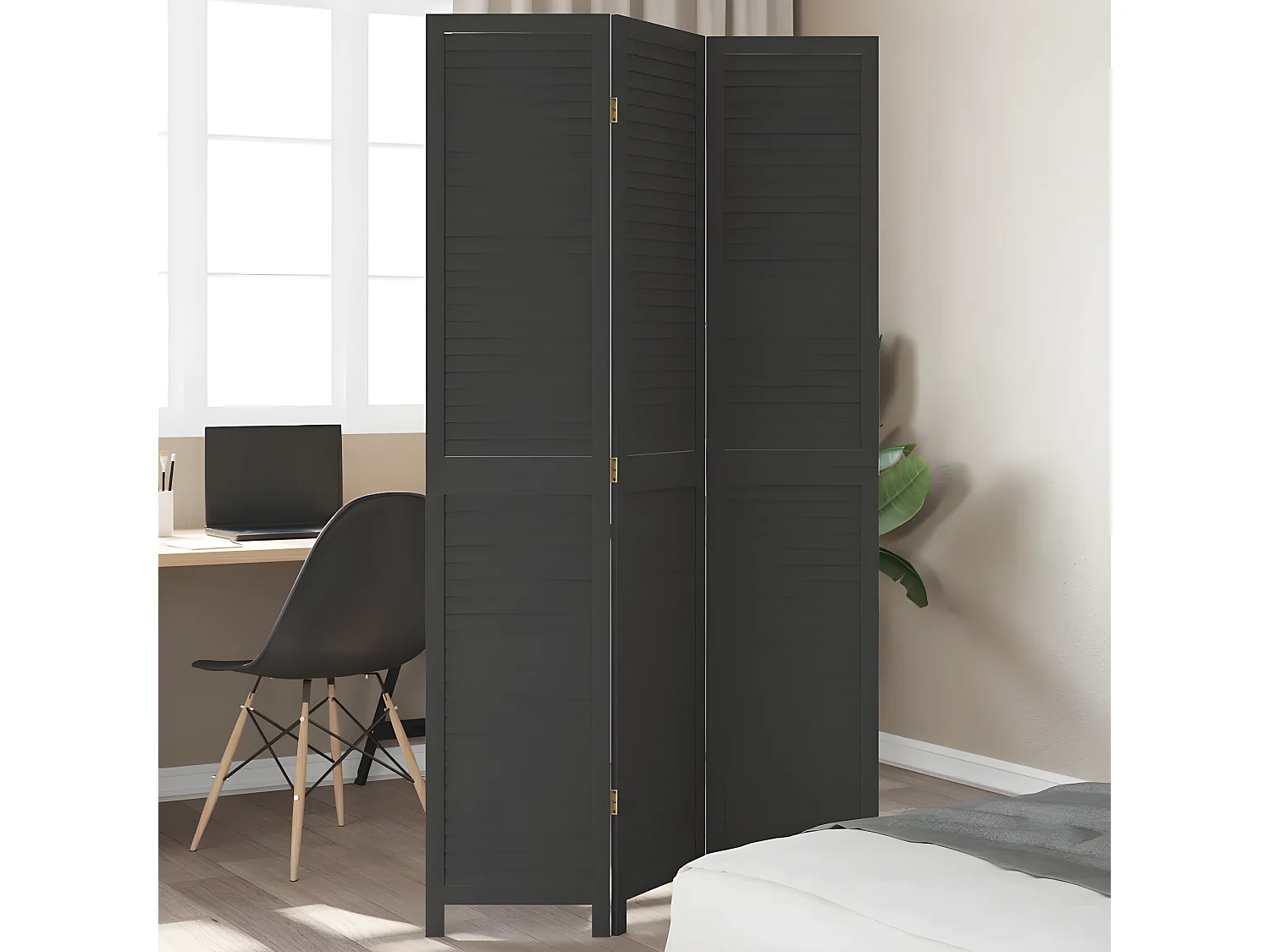 Cloison de séparation 3 panneaux noir bois de paulownia massif