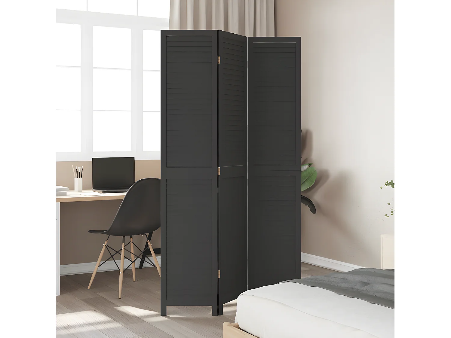 Cloison de séparation 3 panneaux noir bois de paulownia massif