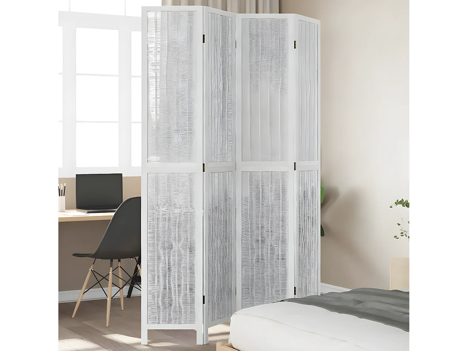 Cloison de séparation 4 panneaux blanc bois de paulownia massif