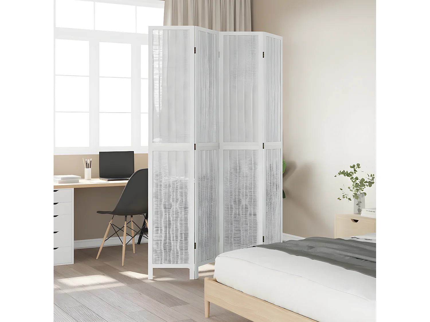 Cloison de séparation 4 panneaux blanc bois de paulownia massif