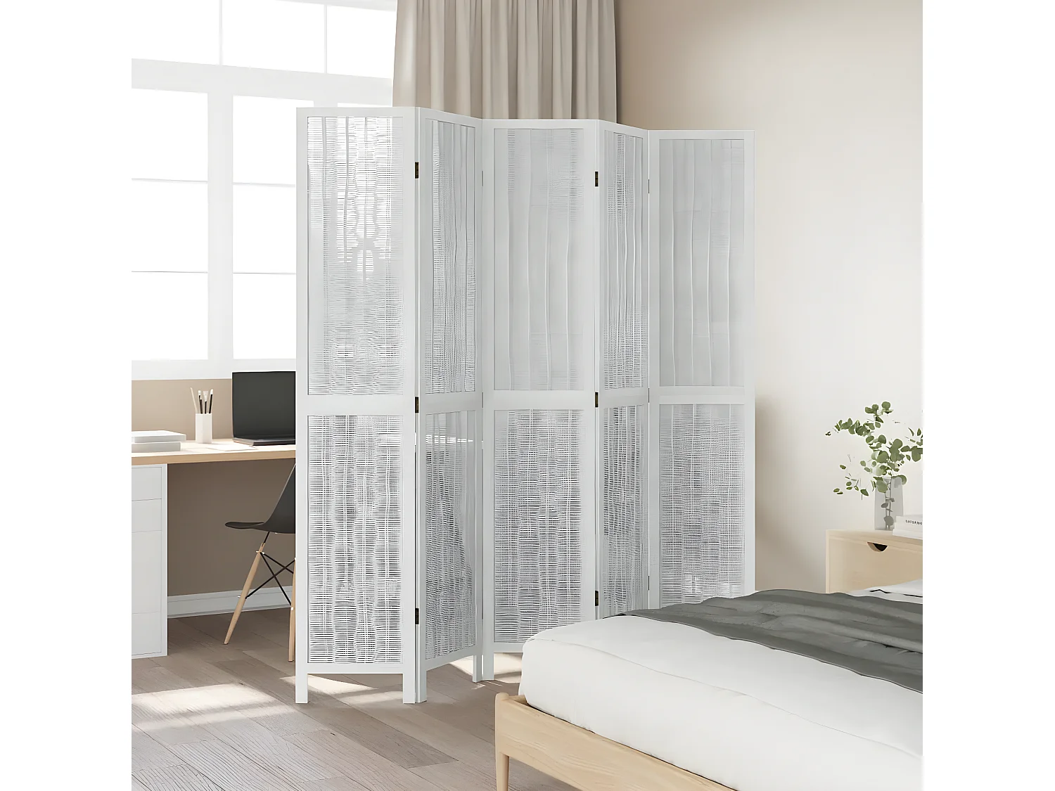 Cloison de séparation 5 panneaux blanc bois de paulownia massif