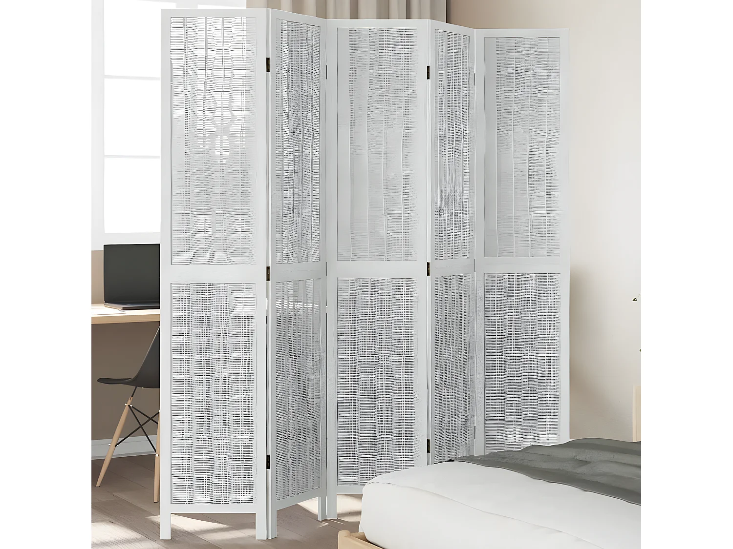 Cloison de séparation 5 panneaux blanc bois de paulownia massif