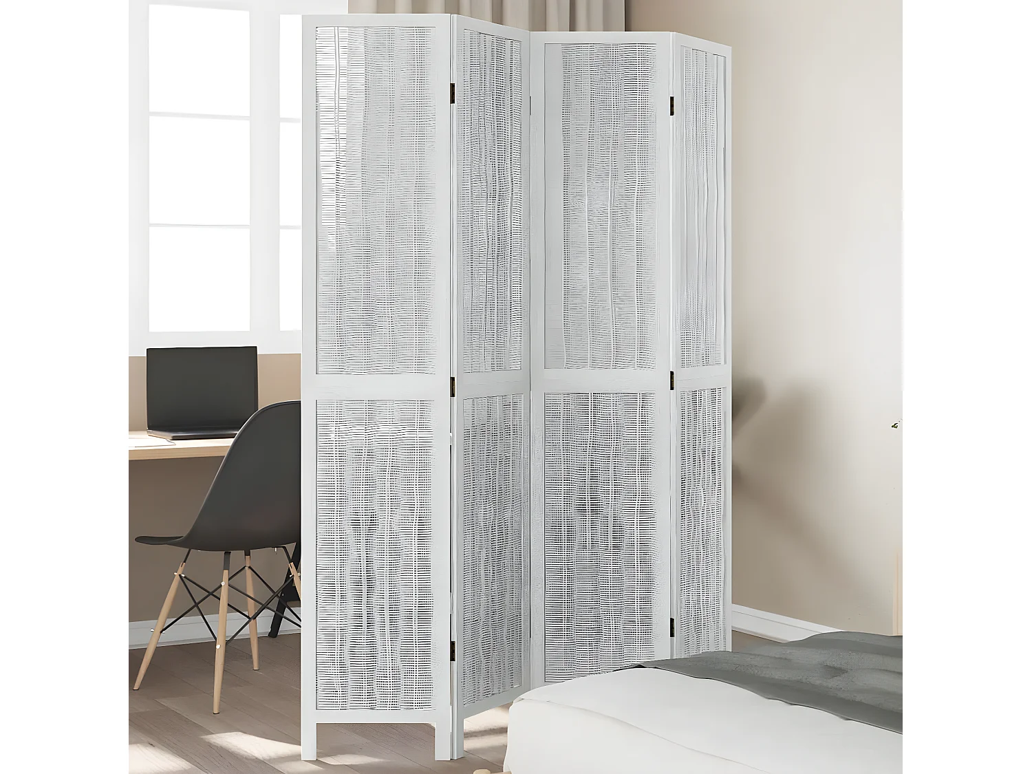 Cloison de séparation 4 panneaux blanc bois de paulownia massif