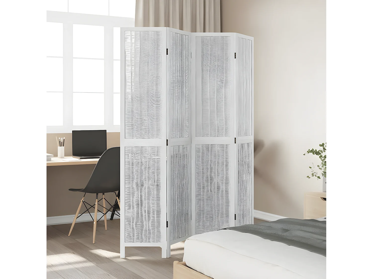 Cloison de séparation 4 panneaux blanc bois de paulownia massif