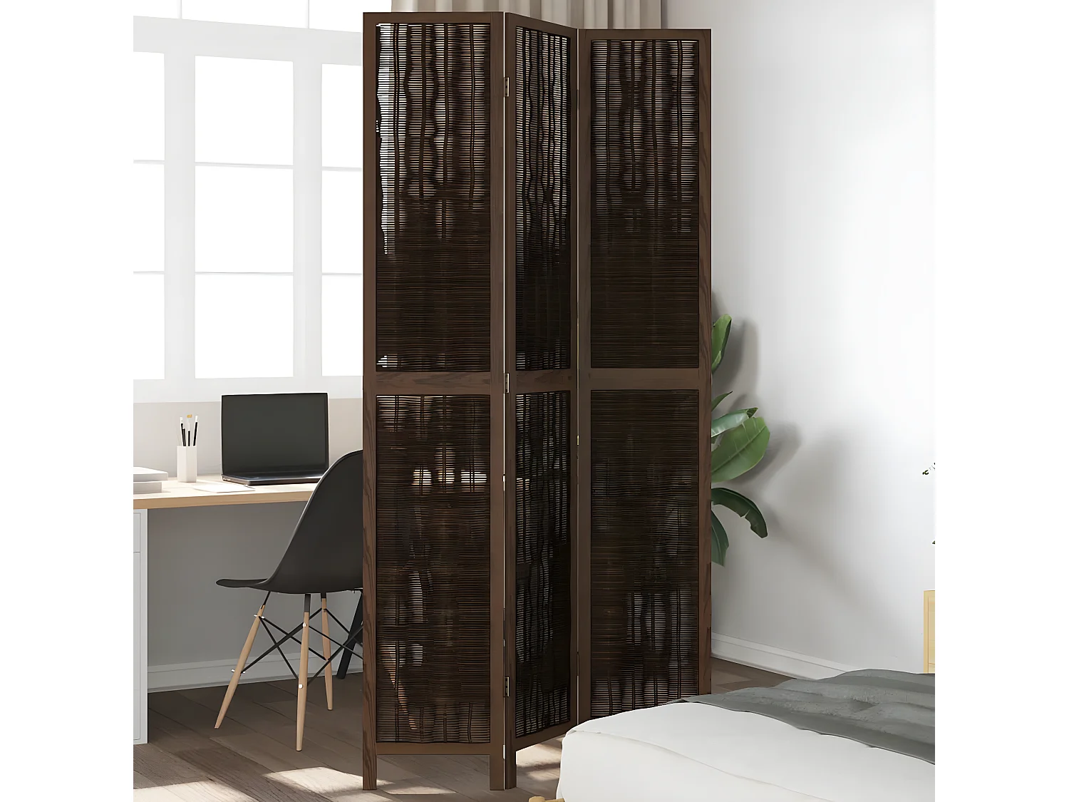 Cloison de séparation 3 panneaux marron foncé paulownia massif