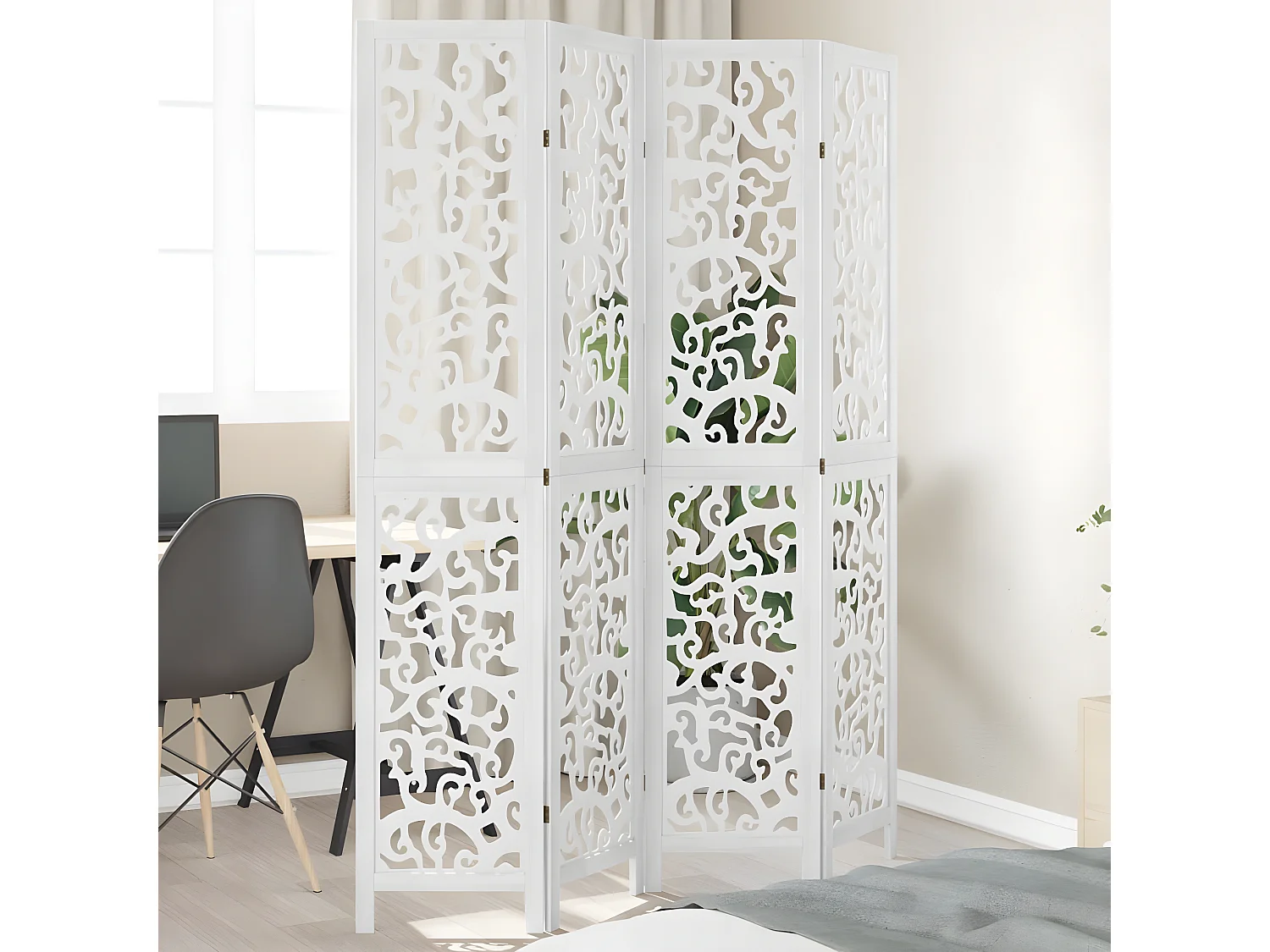 Cloison de séparation 4 panneaux blanc bois de paulownia massif