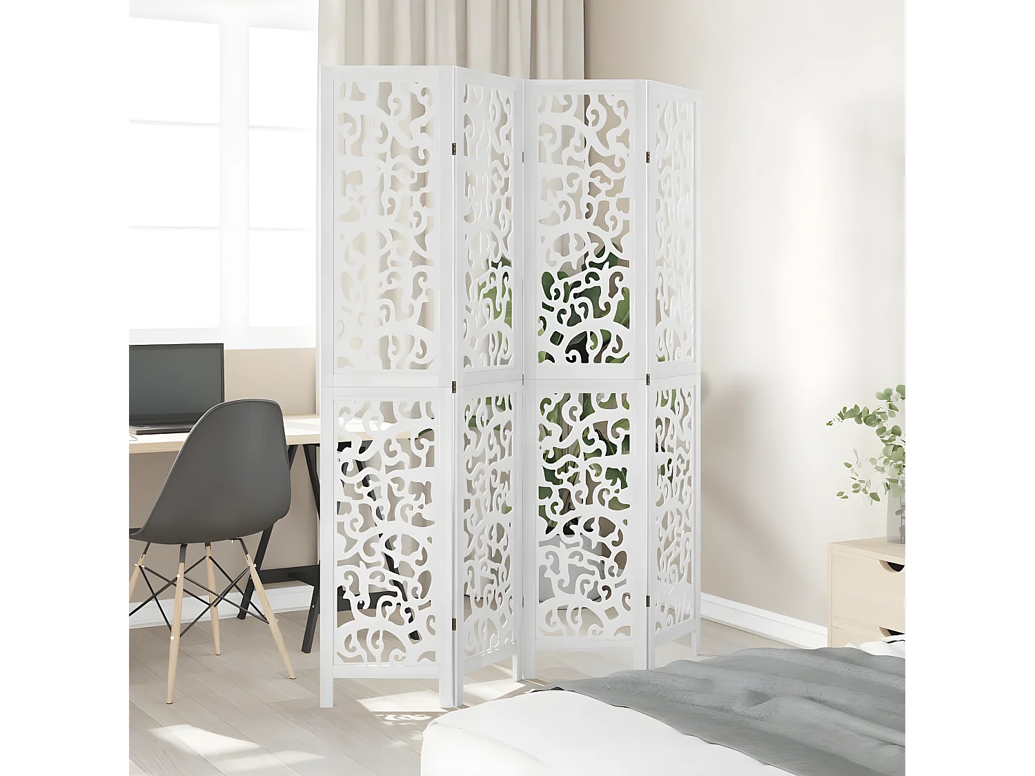 Cloison de séparation 4 panneaux blanc bois de paulownia massif