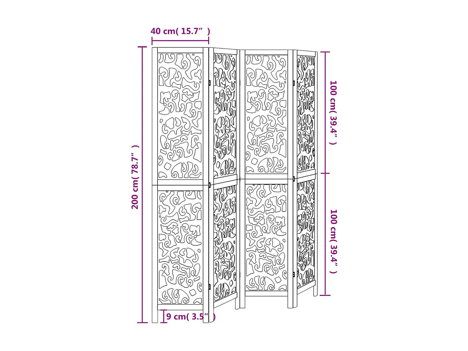 Cloison de séparation 4 panneaux blanc bois de paulownia massif