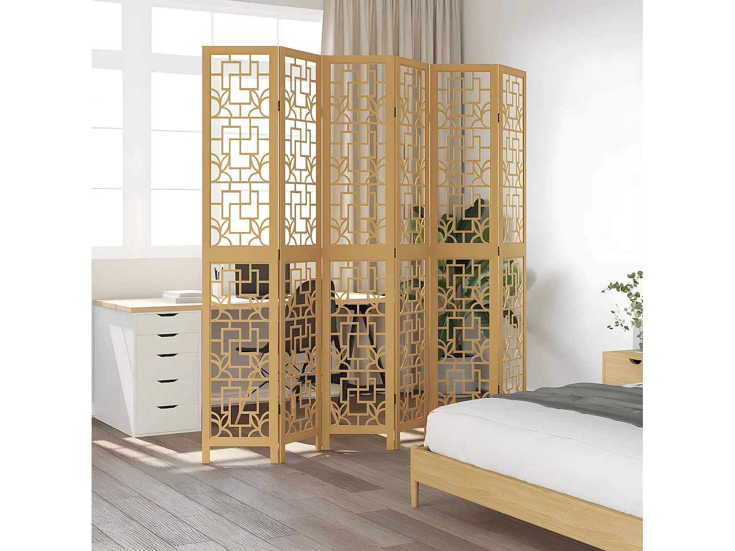 Cloison de séparation 6 panneaux marron bois paulownia massif