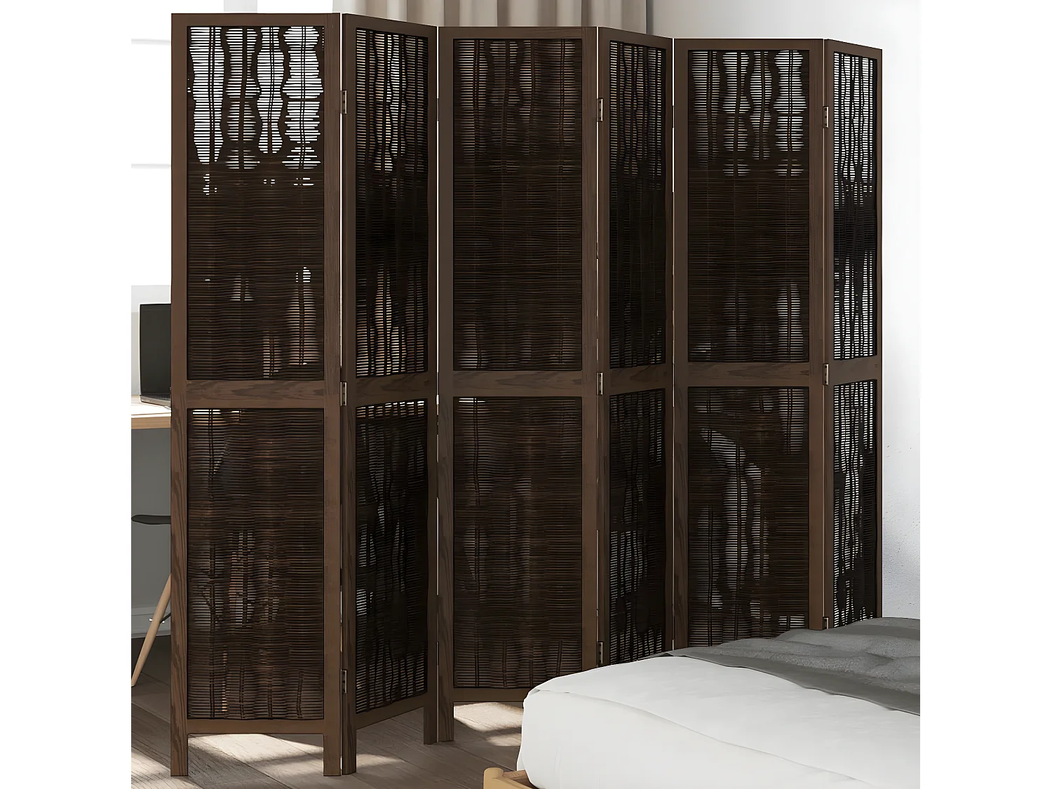 Cloison de séparation 6 panneaux marron foncé paulownia massif