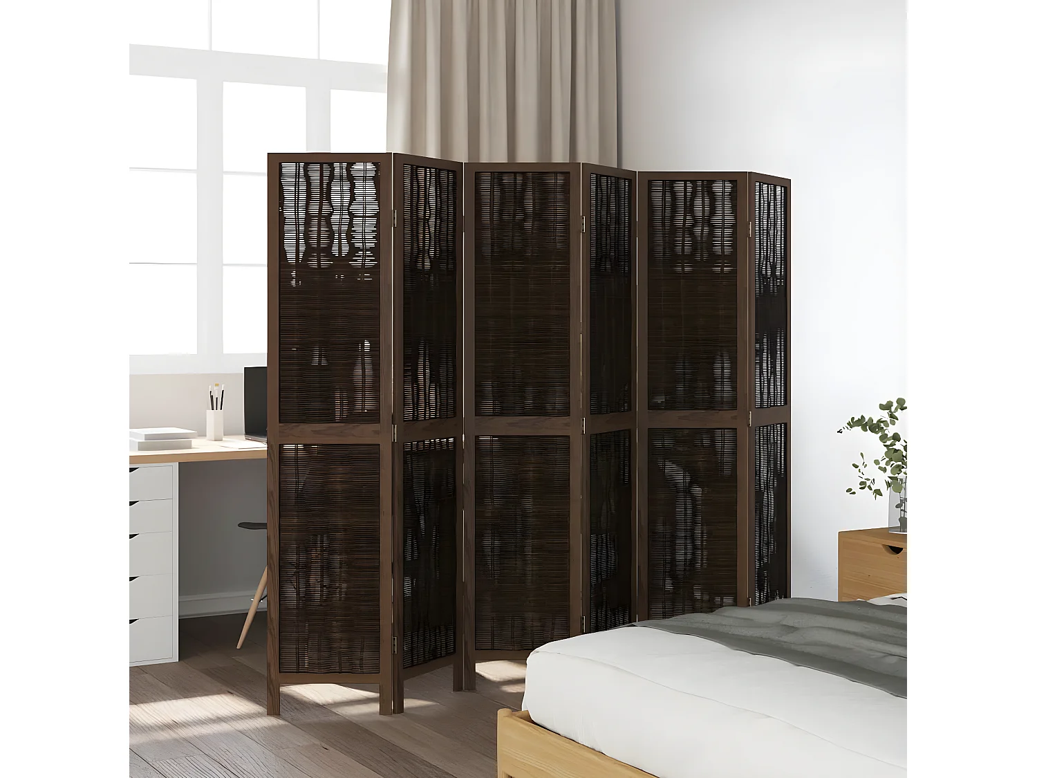 Cloison de séparation 6 panneaux marron foncé paulownia massif