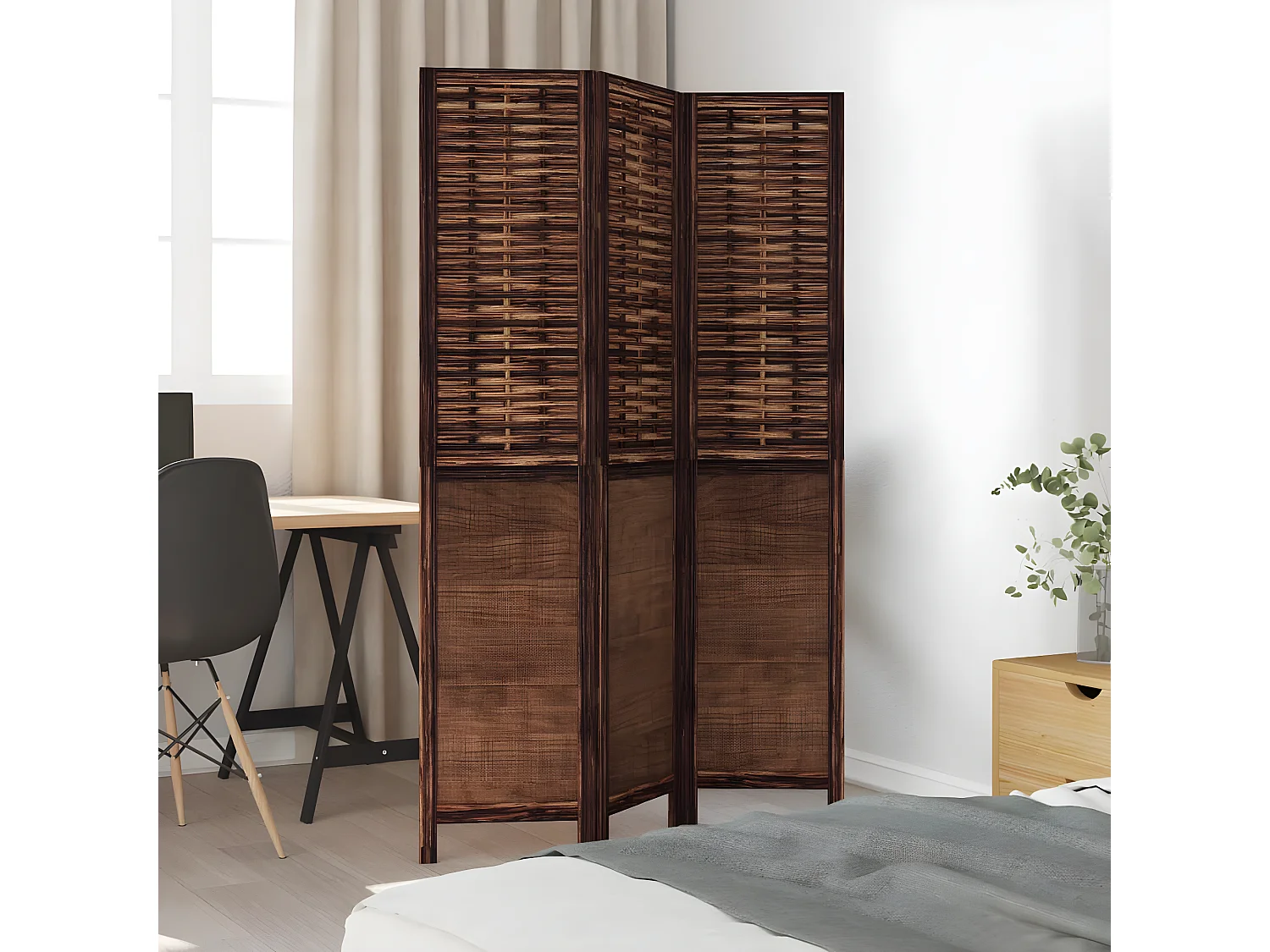 Cloison de séparation 3 panneaux marron foncé paulownia massif