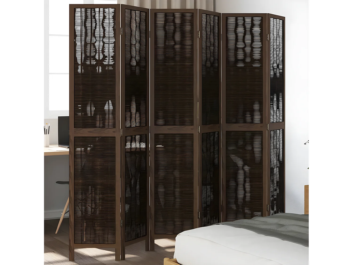 Cloison de séparation 6 panneaux marron foncé paulownia massif