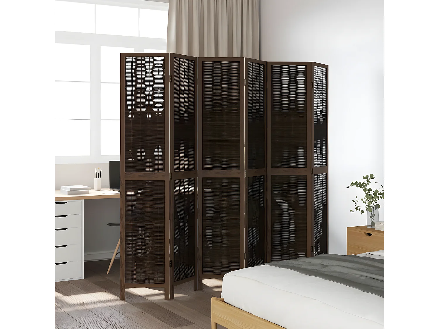Cloison de séparation 6 panneaux marron foncé paulownia massif