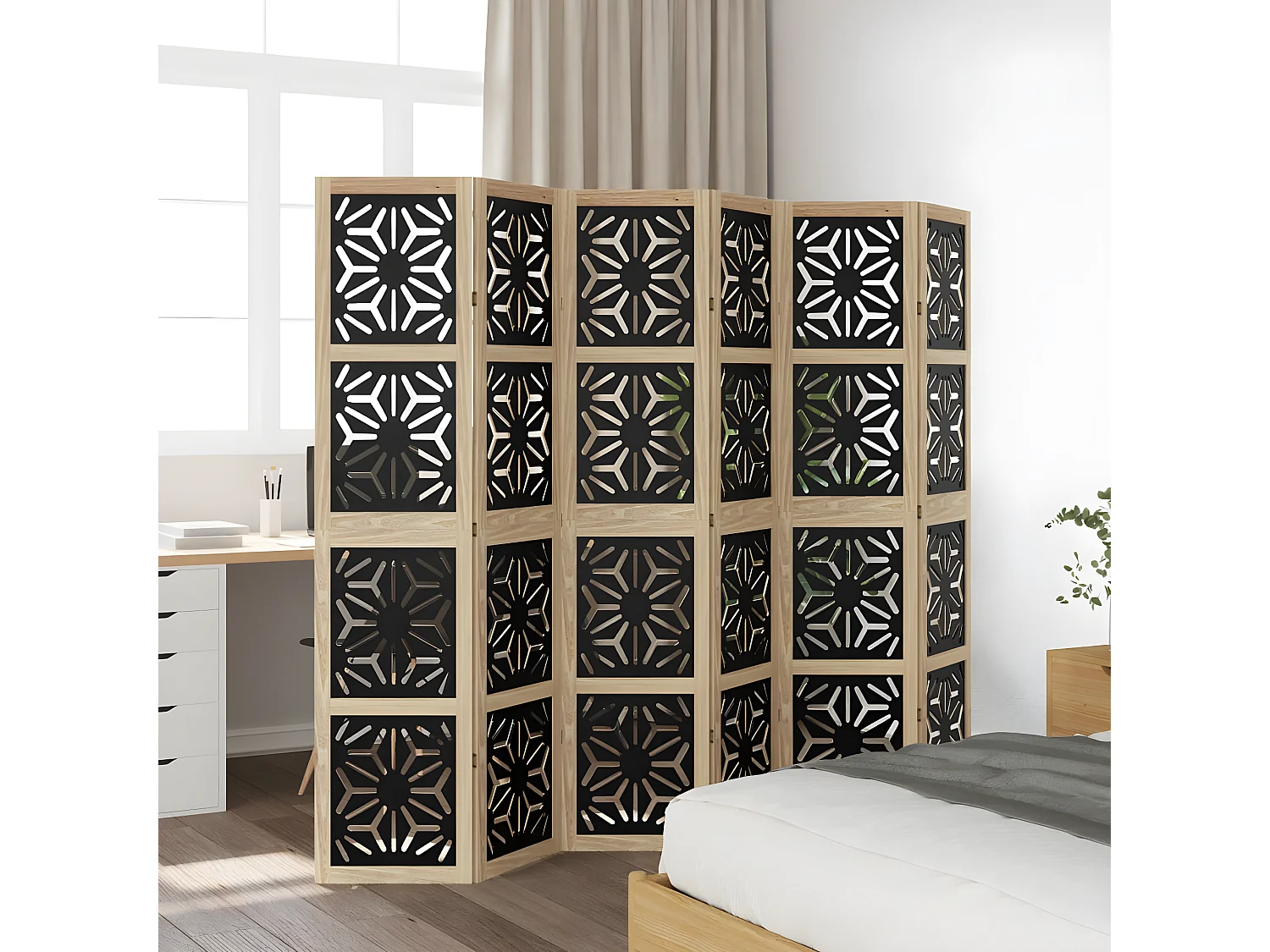 Cloison de séparation 6 panneaux marron noir paulownia massif