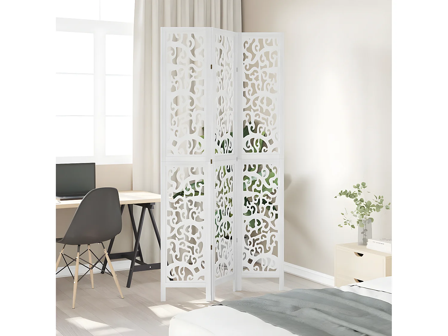 Cloison de séparation 3 panneaux blanc bois de paulownia massif