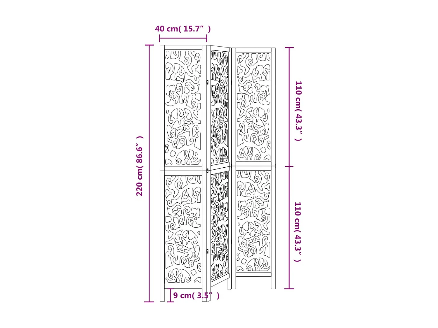 Cloison de séparation 3 panneaux blanc bois de paulownia massif