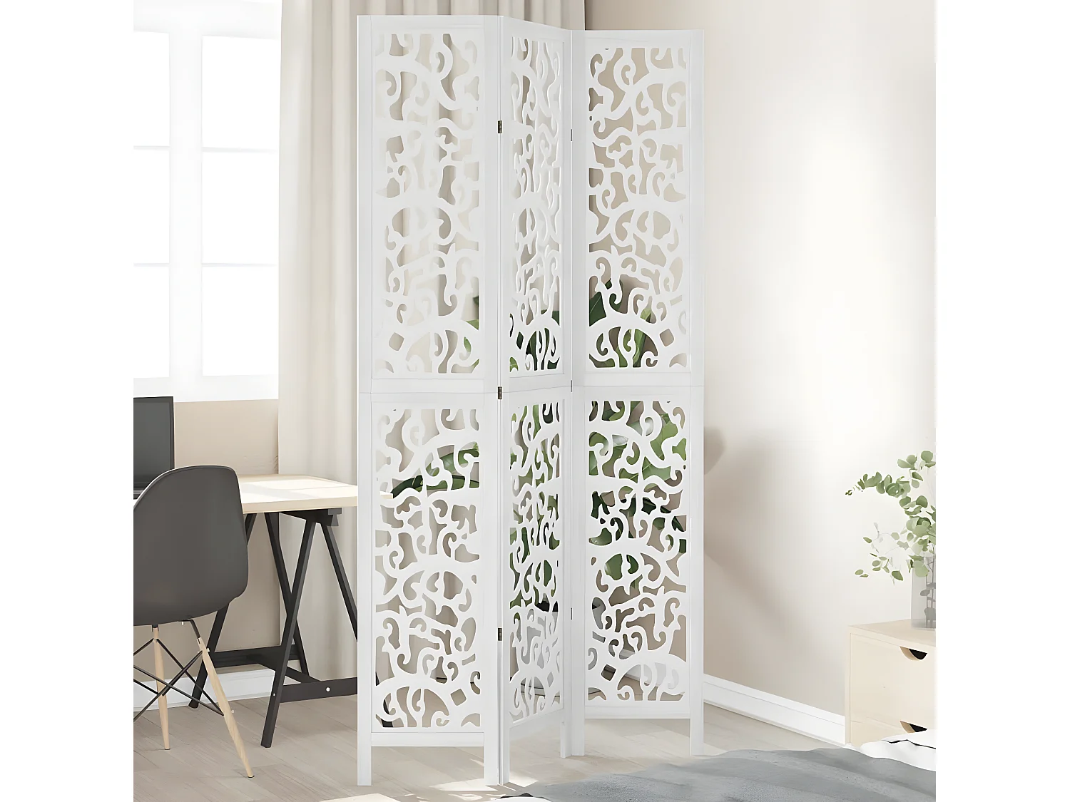 Cloison de séparation 3 panneaux blanc bois de paulownia massif