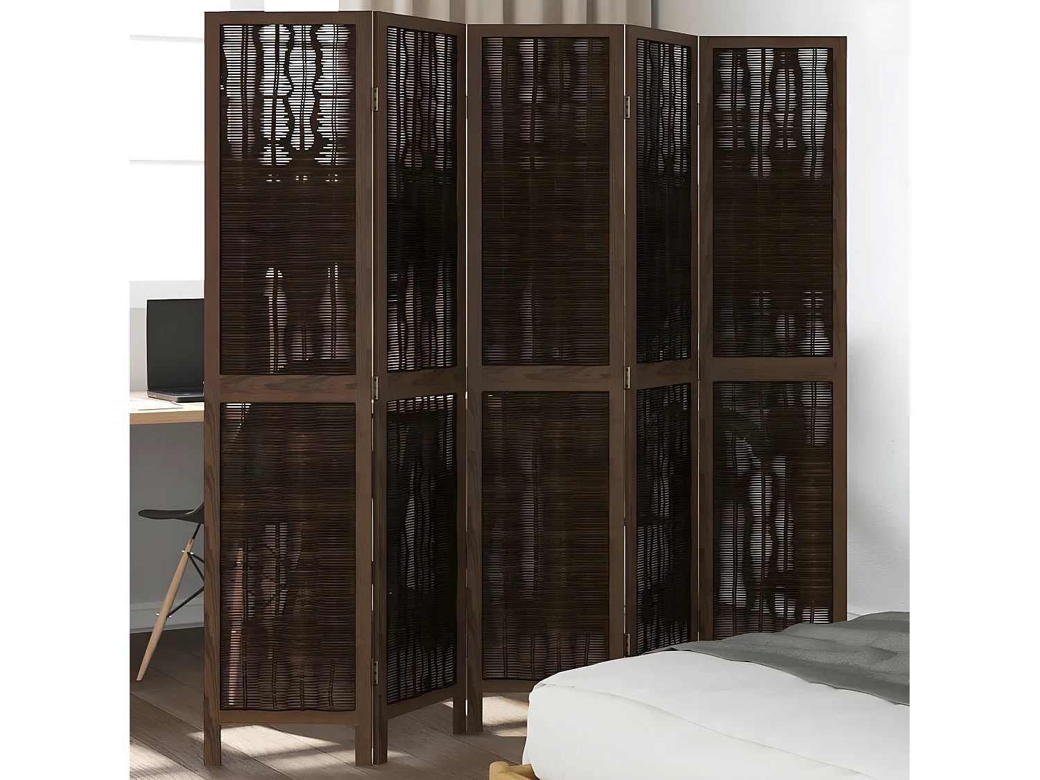 Cloison de séparation 5 panneaux marron foncé paulownia massif